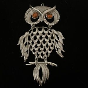 Vintage Silver Tone Owl Pendant Amber Color Eyes
